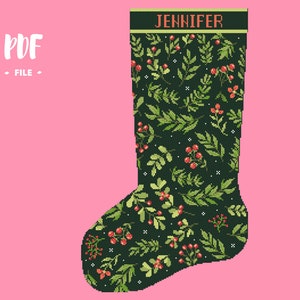 Modèle de point de croix pour chaussette de Noël n°43, broderie Père Noël à faire soi-même pour la veille de Noël, chaussettes personnalisables avec un nom, modèle de point de croix hivernal