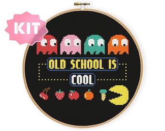 Old School Is Cool Cross Stitch Kit, Arcade Machine Game Embroidery, Retro Gaming Needlepoint, Gamer Xstitch Beginner Friendly DIY Craft