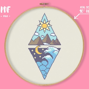 May include: A cross-stitch pattern featuring a geometric design with a sun, mountains, clouds, moon, and waves. The pattern is designed to fit in a 10-inch hoop.