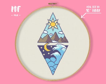 Day and Night Cross Stitch Pattern, Yin and Yang Embroidery Nature Chart, Moon and Sun Needlework, Japanese Great Wave Painting Art Mountain