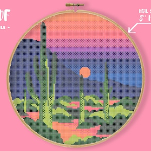 Saguaro National Park Cross Stitch Pattern, nature Arizona embroidery, landscape, night sky, mountains, cactus, instant PDF Xstitch desert
