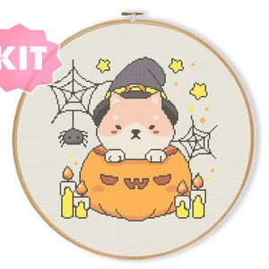 Dog Halloween Cross Stitch Kit, Pumpkin Embroidery, Akita Needlepoint, Cute Doggie Witchy Xstitch, Candles Spider Kawaii Magic