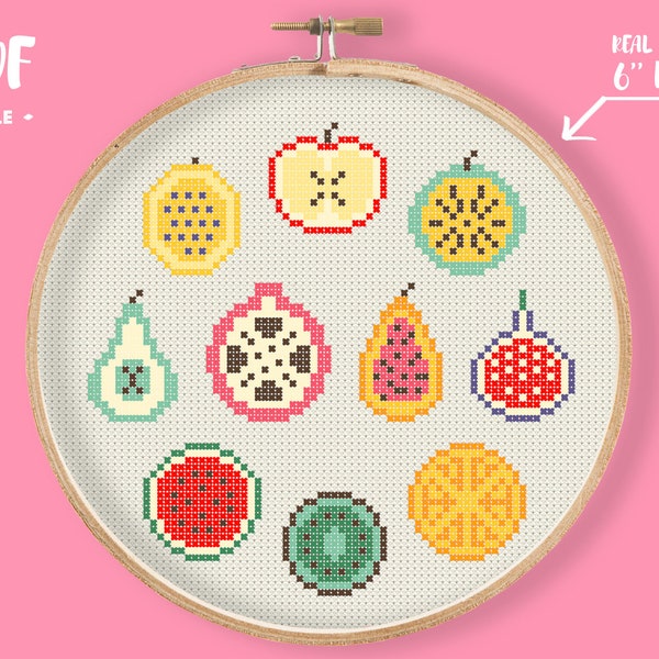 Kitchen Fruits Cross Stitch Pattern, Easy Small embroidery, Apple Peer Watermelon Orange Kiwi Lime Papaya Grapefruit, Housewarming Gift