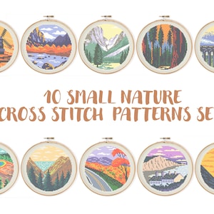 10 kleine Natur Kreuzstich Muster, Natur Landschaft Stickerei, Berge Wald Nadelspitze, Fluss Meer XStitch chart Yellowstone