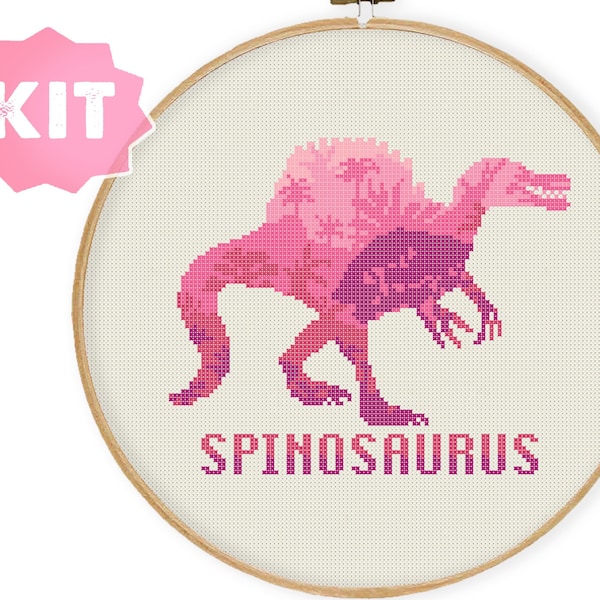 Spinosaurus B GRADE Dinosaur Cross Stitch Kit, Pink Dino Embroidery, Jurassic Needlepoint Chart, modern animals colorful xstitch