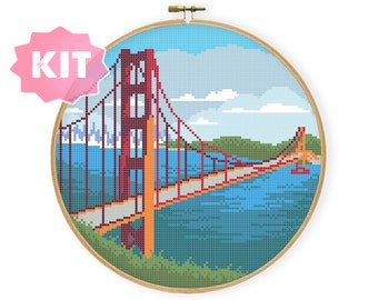 San Francisco Bridge Cross Stitch Kit, California Red Bridge Embroidery, SF Diy present, Industrial Decor, City Xstitch Chart Metropolis