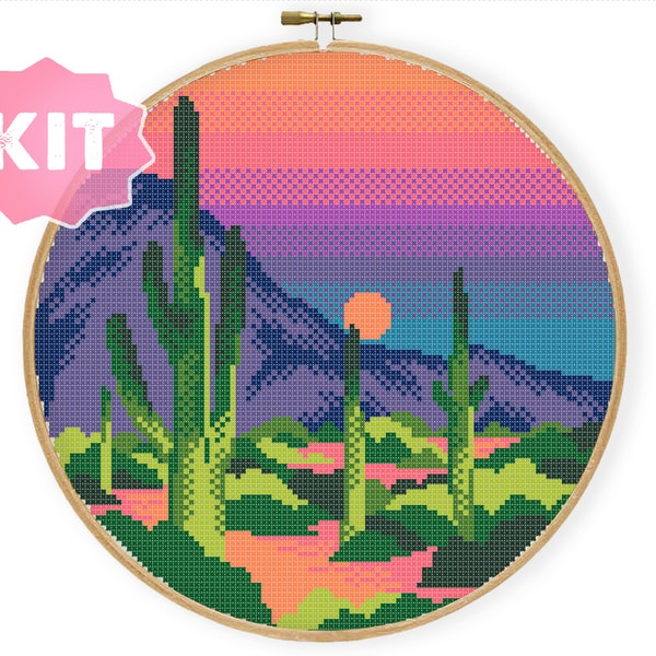 Saguaro National Park Cross Stitch Kit, nature Arizona embroidery, landscape, night sky, mountains, cactus, instant PDF Xstitch desert