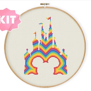 Regenbogen Schloss Maus Kreuzstichpackung, Kinder Stickdatei, Kinderzimmer Wanddeko, Kinder Geschenk fan Baby-Dusche vorhanden Cartoon