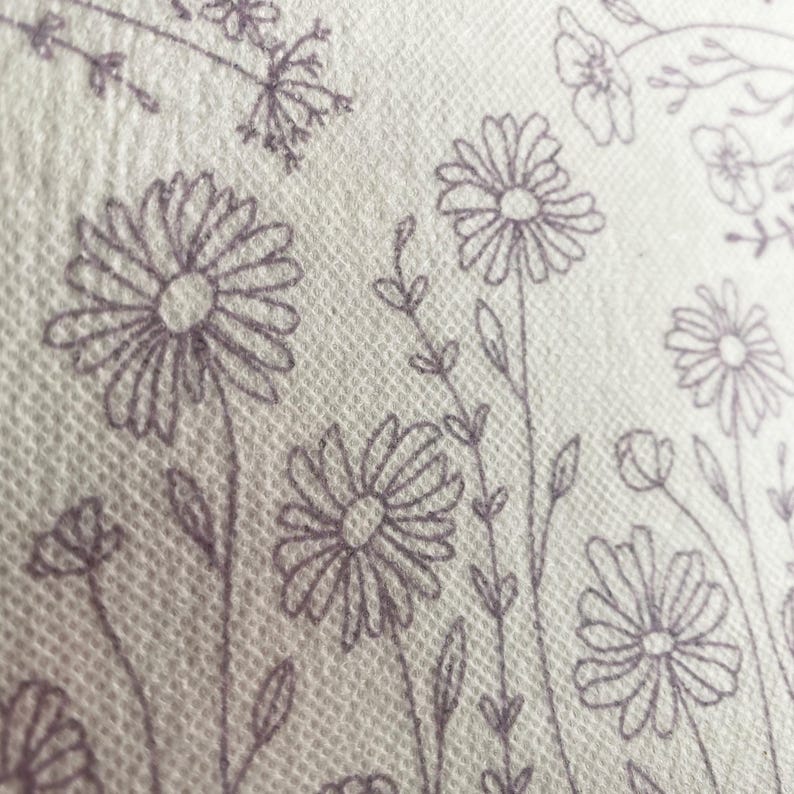 May include: A white background with a pattern of purple flowers and leaves. The flowers are stylized and have a simple design.