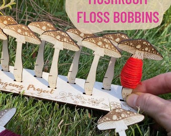 Mushroom Embroidery Floss Bobbins with Personalised stand, Customisable Cross Stitch Present, Crafty Person Gift, Ducks Geese Table Standies