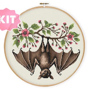 Hanging Bat Cross Stitch Kit, Gothic Embroidery, Realistic Bat with Flowers Needlepoint, Gothic Halloween Xstitch Chart