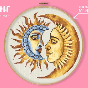 Celestial Moon and Sun Cross Stitch Pattern, Sun and Moon Embroidery, Medieval Style Needlepoint, Traditional Primitive Astrology Xstitch