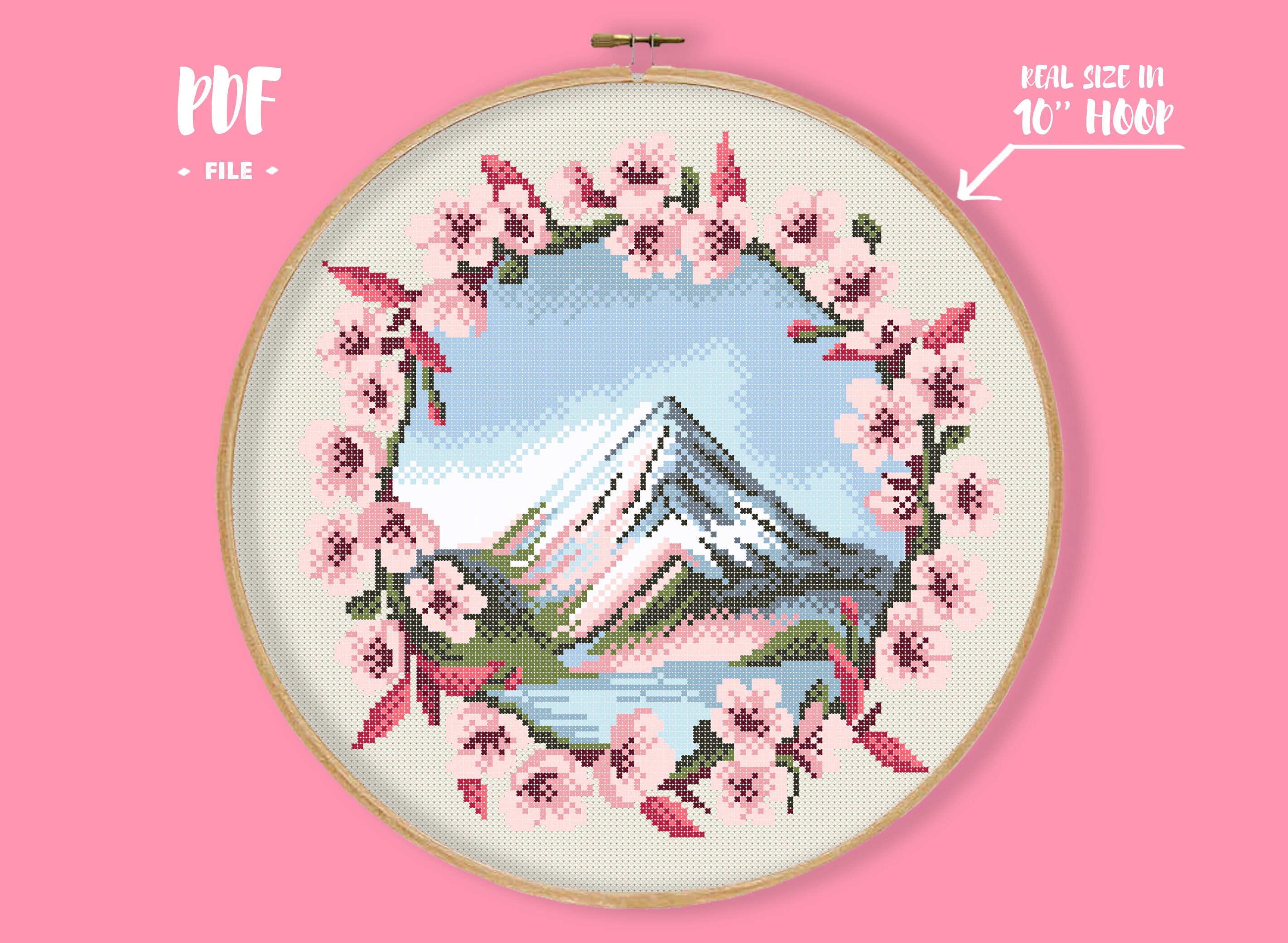 富士山クロスステッチパターン、富士山刺繍、日本の火山ニードル