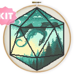 Dragon Dice 2 Cross Stitch Kit, D20 Dice Silhouette Embroidery, Flying Dragon Forest Nature Needlework, DnD Xstitch Fantastic Beast