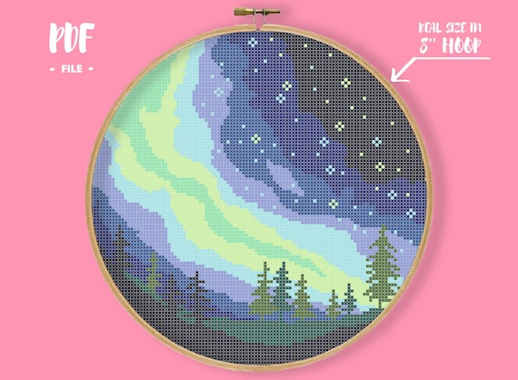 Aurora Sky Cross Stitch Pattern, Nature Forrest Winter Starry Night Embroidery, Northern Lights Milky Way Needlework, Beautiful Landscape
