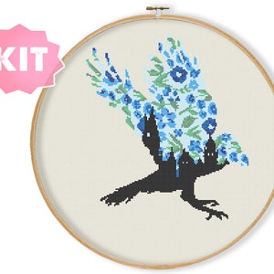 Blue Bird Cross Stitch KIT, House Magic Embroidery kit, wizard fan geeky present, Logo Faculty Crest kit chart xstitch geek present