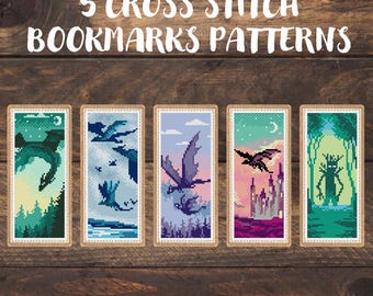 5 Dragon Bookmark  Cross Stitch Patterns, set of bookmarks embroidery, present for reading geek, library decor, crafty reader gift book worm