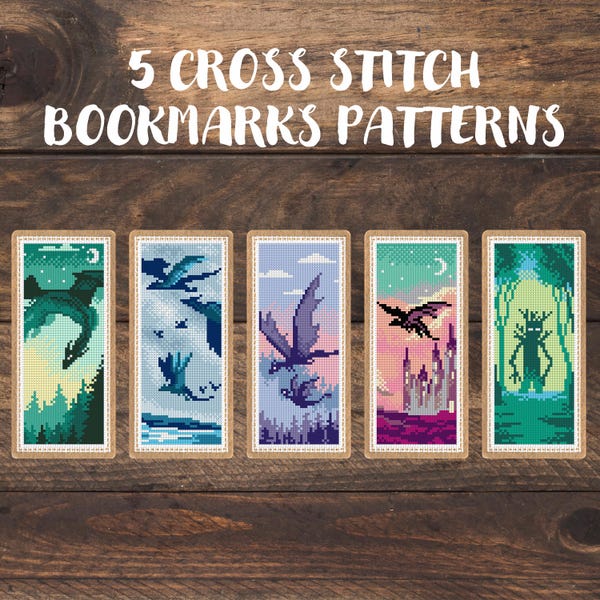 5 Drachen Lesezeichen Kreuzstich Stickmuster, Stickmuster Lesezeichen, Geschenk für Leseratte, Bücherwurm, Geschenk für Leseratten