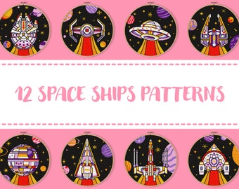 12 Space Ships Cross Stitch Patterns, Space colorful planets, Star Ship Comet Asteroid Galaxy  Embroidery Rebel Alliance Xstitch Geek Decor
