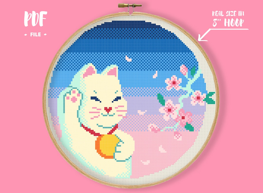猫千代　0418 Lucky Sakura Cat Cross Stitch Pattern, Cute Kawaii Japanese