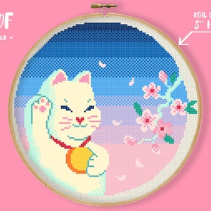Lucky Sakura Cat Cross Stitch Pattern, Cute Kawaii Japanese Neko Embroidery, Lucky Charm Spring  Cat Lady Xstitch Chart