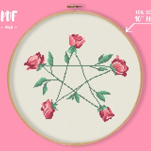 Rose Star Cross Stitch Pattern, Gothic Embroidery, Floral Pentagram Needlework, Red Rose Star Xstitch, Wicca Occult DIY Stitch Craft