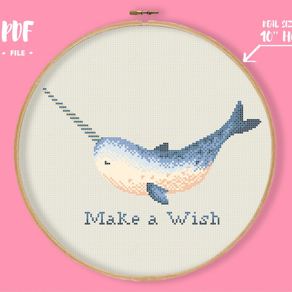 Narwhal Cross Stitch Pattern, Make a Wish Embroidery, Mythic Animal Needlework, Dolphin Unicorn Xstitch, Princess Nursery Room DIY