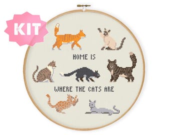 Cat Home Cross Stitch Kit, Kitty Embroidery, Cat Person Needlepoint Gift, Cat Lady Xstitch Craft Project, Cute Housewarming Canine Home