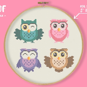 Cute Owls Cross Stitch Pattern, Little Colorful Owls Embroidery, kid room decor, nursery animals needlepoint, birds baby room decoration