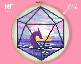 Wasserdrache Würfel Kreuzstich Muster, Fantastische Tier Stickerei, Sea Creature Nadelspitze, DnD Würfel Xstitch. Wanddeko selber machen