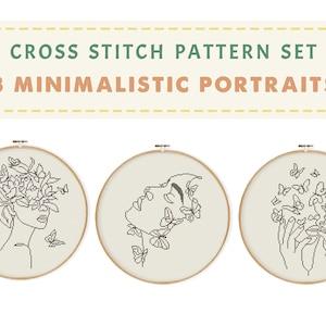 Set 3 Schema per punto croce minimalista con ritratto, contorno di ritratto femminile, ricamo di volto di donna con farfalle su una linea, punto croce boho moderno