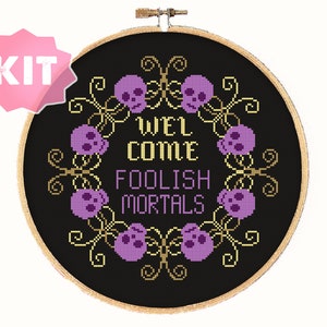 Welcome Foolish Mortals Cross Stitch Kit, Haunted Mansion Embroidery, Geek Sweet home chart, Gothic Grim Grinning Ghosts Spooky