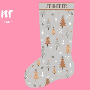 May include: A gray Christmas stocking with a pattern of trees, stars, and snowflakes. The word "JENNIFER" is at the top. The words "PDF FILE" are in the upper left corner.