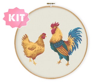 Rooster and Hen Cross Stitch Kit, Farm Rural Animals Embroidery, Chicken Colorful Needlepoint, Village Xstitch, Friends Not Food