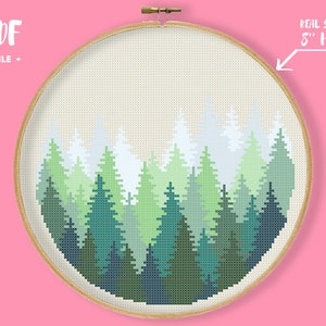 May include: A cross-stitch pattern of a forest scene with green, blue, and white trees in an 8-inch hoop. PDF file.