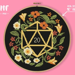 Dice Cross Stitch Pattern, 20 Side Game Dice, Role-play Embroidery, Flowery Needlepoint, Cute Flowers Geek Nerdy Xstitch, Gamer present Play