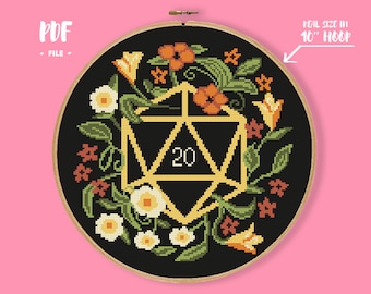 Dice Cross Stitch Pattern, 20 Side Game Dice, Role-play Embroidery, Flowery Needlepoint, Cute Flowers Geek Nerdy Xstitch, Gamer present Play