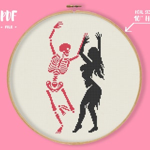 May include: Cross stitch pattern of a skeleton and a silhouette of a woman dancing, in a 10 inch hoop. The pattern is in black and white with red accents. The pattern is labeled "PDF FILE".