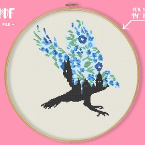 Raben Adler Blumen Kreuzstichmuster, Haus blauer Vogel Stickerei, Buchliebhaber Geschenk, Dozenten Wappen, einfache Stickmuster