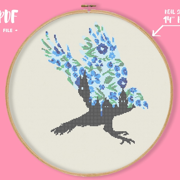 Floral Raven Eagle Cross Stitch Pattern, House Blue Bird Embroidery, book fan geeky present, animal Faculty Crest, easy chart xstitch