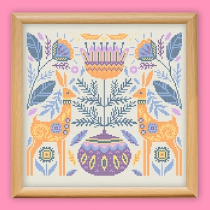 Cerfs Sampler Cross Stitch Pattern, Broderie traditionnelle animale, Floral Symetry Needlepoint, Modern Folk Quaker Xstitch vintage Primitive