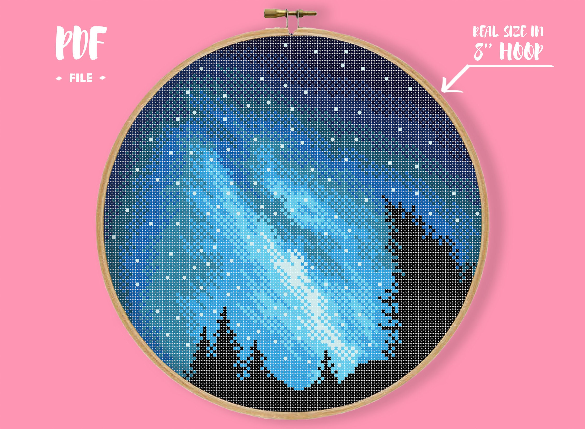 天の川のクロスステッチパターン、自然の刺繍、夜の森のニードル