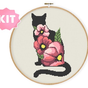 Kreuzstich Stickset Katze, Haus ist, wo Ihre Katze ist, Kreuzstichpackung, Stickdatei für Katzenliebhaber, Geschenk für Katzenbesitzerin, rosa Rose