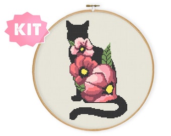 花柄猫シルエットクロスステッチキット、猫がいる場所が家、動物の刺繍