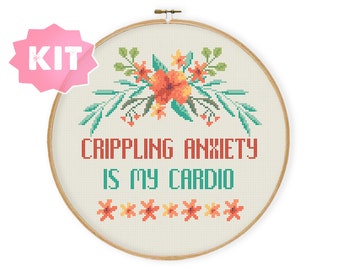 Crippling Anxiety Is My Cardio Kreuzstich Stickpackung, Introvertierte subversive Stickerei, Sassy Snarky Handstickerei, Depressionsbewusstsein