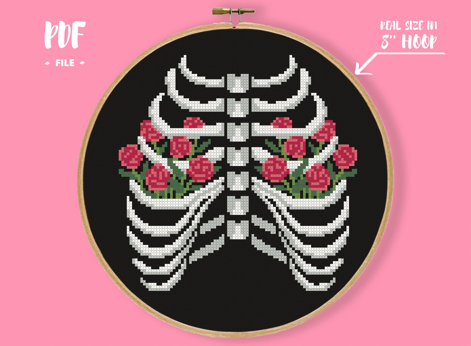Red Rose and Ribs Cross Stitch, Skeleton Bones Scull Embroidery, Old ...