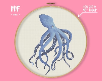 Blue Octopus Cross Stitch Pattern, Sea Animal Embroidery, Squid Realistic Needlework, Nautical Decor Ocean Animal Xstitch Chart, inkfish