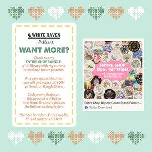May include: A digital download advertisement for cross-stitch patterns. The image features a collection of cross-stitch designs and text that reads "ENTIRE SHOP 1700+ PATTERNS." The text also says "WANT MORE?" and "No more boredom. Only a needle, thread and tons of FUN!"