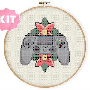 Game Controller Cross Stitch Kit, Gamer Console Embroidery, Play Computer Games, Flowers Girl Gamer Needlework, Gamer Geek Present