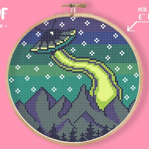 UFO Cross Stitch Pattern, Alien Abduction Mountains Nature, Starry Night Embroidery, Landscape Space Ship, I want to believe, X Files Scifi